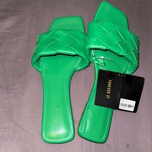 Forever 21 Bright Green Braided Square-Toe Slide Mules